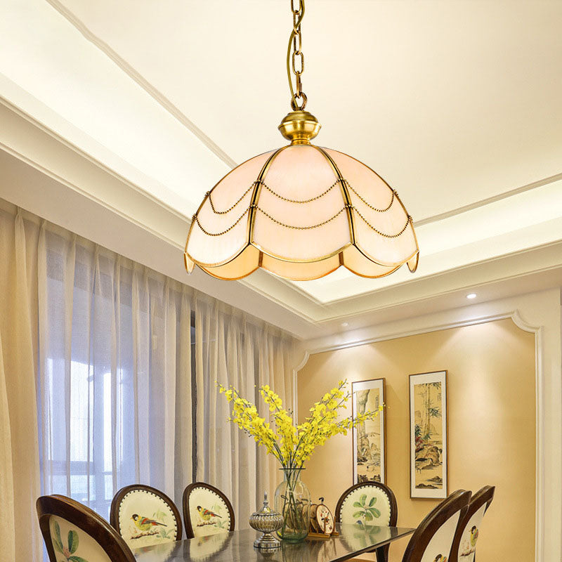 Scalloped White Glass Chandelier Light Colonialist 3 Bulbs Dining Room Pendant Lamp Clearhalo 'Ceiling Lights' 'Chandeliers' 'Glass shade' 'Glass' Lighting' 284827