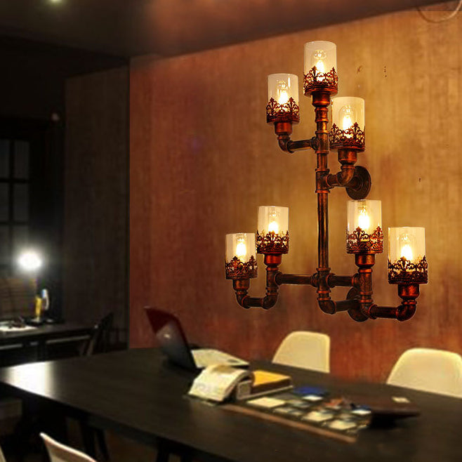 Weathered Copper Pipe Wall Lamp Rustic Stylish Iron 7 Lights Restaurant Sconce Light Fixture with /without Cylinder Shade Weathered Copper With Shade Clearhalo 'Art deco wall lights' 'Cast Iron' 'Glass' 'Industrial wall lights' 'Industrial' 'Middle century wall lights' 'Modern' 'Rustic wall lights' 'Tiffany' 'Traditional wall lights' 'Wall Lamps & Sconces' 'Wall Lights' Lighting' 28483