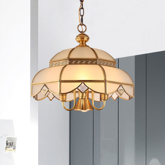 Brass 5 Heads Chandelier Lighting Colonialism Cream Glass Dome Pendant Ceiling Light for Dining Room Brass Clearhalo 'Ceiling Lights' 'Chandeliers' 'Glass shade' 'Glass' Lighting' 284831