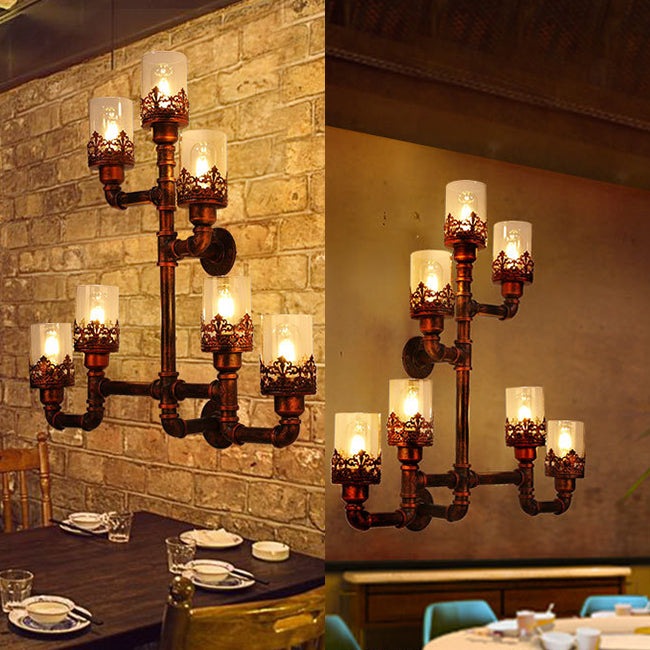 Weathered Copper Pipe Wall Lamp Rustic Stylish Iron 7 Lights Restaurant Sconce Light Fixture with /without Cylinder Shade Clearhalo 'Art deco wall lights' 'Cast Iron' 'Glass' 'Industrial wall lights' 'Industrial' 'Middle century wall lights' 'Modern' 'Rustic wall lights' 'Tiffany' 'Traditional wall lights' 'Wall Lamps & Sconces' 'Wall Lights' Lighting' 28484