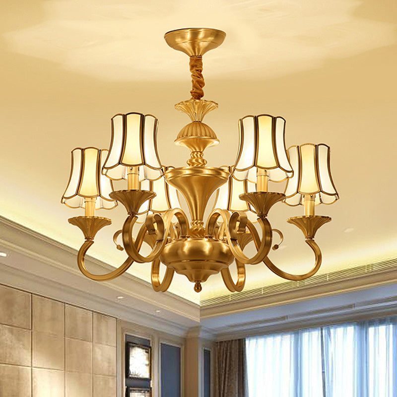 Frosted Glass Gold Pendant Chandelier Flared 3/6 Lights Colonialism Ceiling Hang Fixture for Bedroom Clearhalo 'Ceiling Lights' 'Chandeliers' Lighting' options 284901