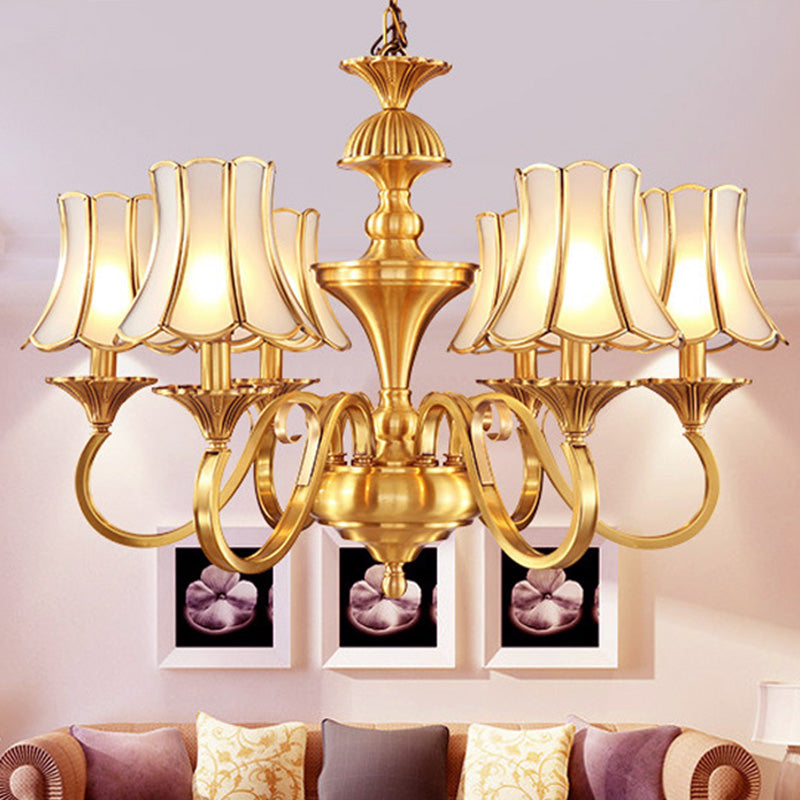 Frosted Glass Gold Pendant Chandelier Flared 3/6 Lights Colonialism Ceiling Hang Fixture for Bedroom Clearhalo 'Ceiling Lights' 'Chandeliers' Lighting' options 284902