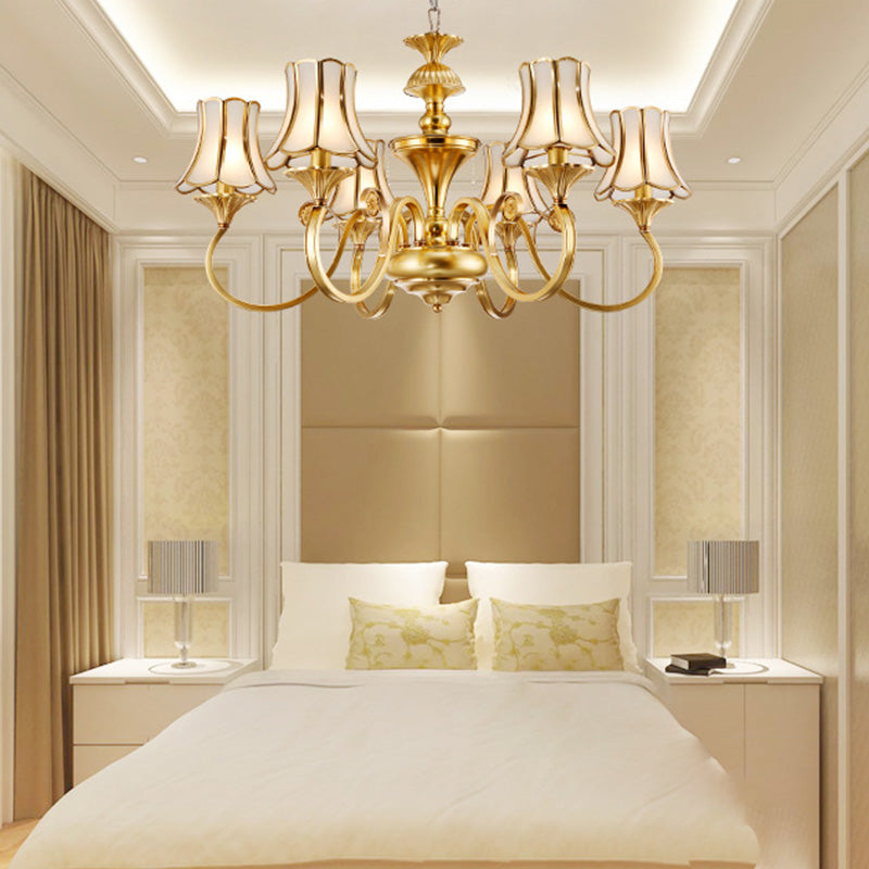 Frosted Glass Gold Pendant Chandelier Flared 3/6 Lights Colonialism Ceiling Hang Fixture for Bedroom Clearhalo 'Ceiling Lights' 'Chandeliers' Lighting' options 284903