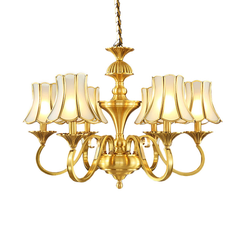 Frosted Glass Gold Pendant Chandelier Flared 3/6 Lights Colonialism Ceiling Hang Fixture for Bedroom Clearhalo 'Ceiling Lights' 'Chandeliers' Lighting' options 284904