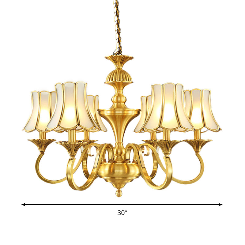 Frosted Glass Gold Pendant Chandelier Flared 3/6 Lights Colonialism Ceiling Hang Fixture for Bedroom Clearhalo 'Ceiling Lights' 'Chandeliers' Lighting' options 284905