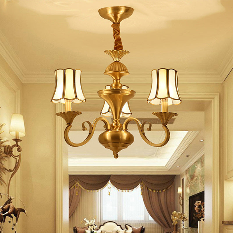 Frosted Glass Gold Pendant Chandelier Flared 3/6 Lights Colonialism Ceiling Hang Fixture for Bedroom 3 Gold Clearhalo 'Ceiling Lights' 'Chandeliers' Lighting' options 284906_e86ba928-dcfc-4bf3-b4da-36618be7c24e