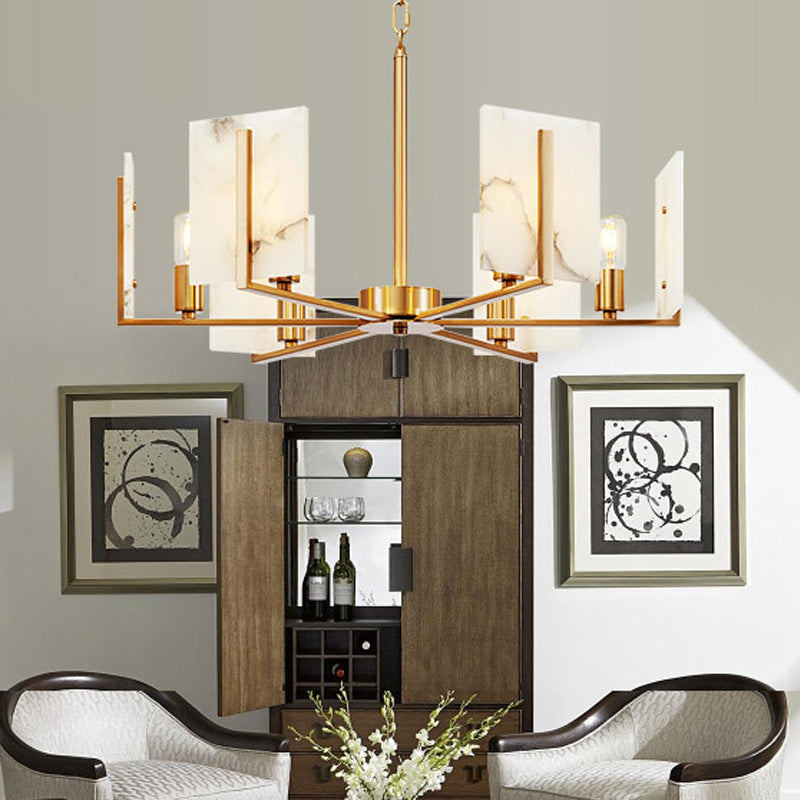 6 Lights Chandelier Pendant Light Colonial Expose Bulb Metal Suspension Lamp in Gold with Rectangle Marble Panel Gold Clearhalo 'Ceiling Lights' 'Chandeliers' Lighting' options 284938_3a931a21-32e5-4cd1-b62c-54bbaa845dfe