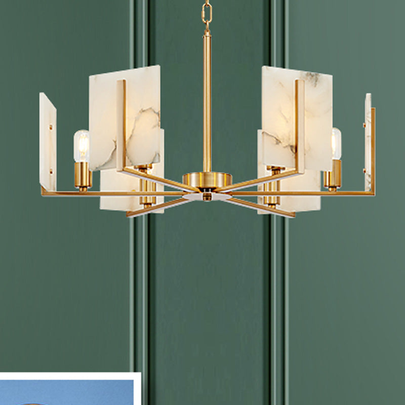 6 Lights Chandelier Pendant Light Colonial Expose Bulb Metal Suspension Lamp in Gold with Rectangle Marble Panel Clearhalo 'Ceiling Lights' 'Chandeliers' Lighting' options 284939