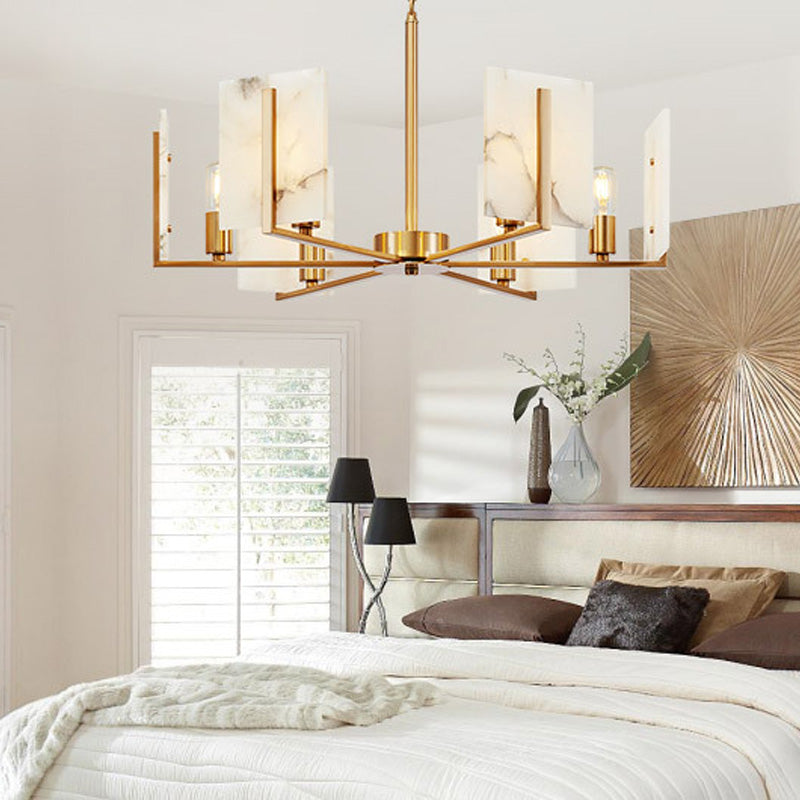 6 Lights Chandelier Pendant Light Colonial Expose Bulb Metal Suspension Lamp in Gold with Rectangle Marble Panel Clearhalo 'Ceiling Lights' 'Chandeliers' Lighting' options 284940