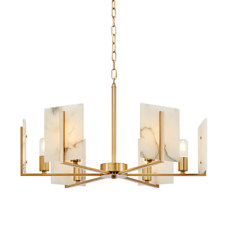 6 Lights Chandelier Pendant Light Colonial Expose Bulb Metal Suspension Lamp in Gold with Rectangle Marble Panel Clearhalo 'Ceiling Lights' 'Chandeliers' Lighting' options 284941