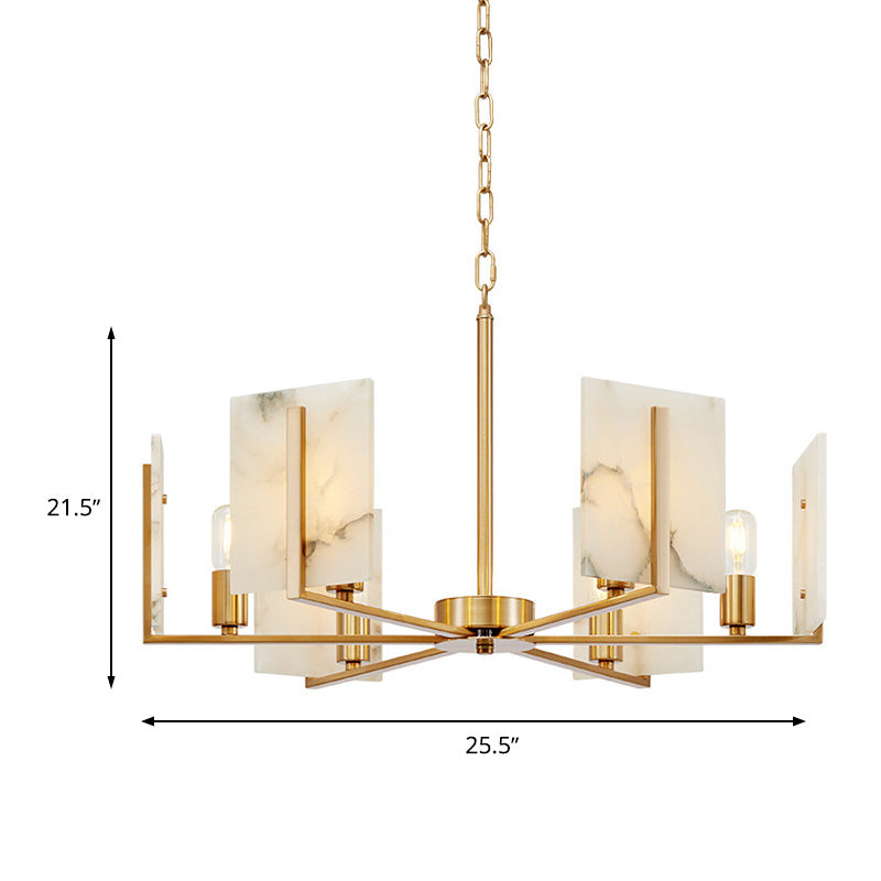 6 Lights Chandelier Pendant Light Colonial Expose Bulb Metal Suspension Lamp in Gold with Rectangle Marble Panel Clearhalo 'Ceiling Lights' 'Chandeliers' Lighting' options 284942