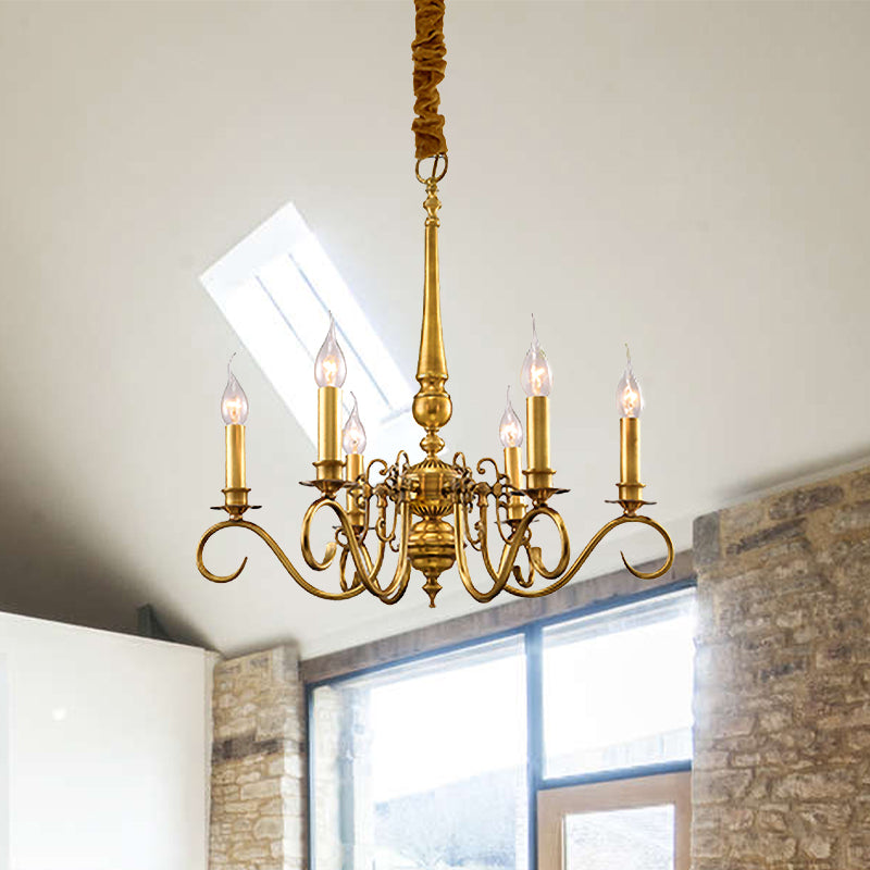 Gold Scrolled Arm Hanging Chandelier Colonial Metal 6 Lights Restaurant Ceiling Pendant Clearhalo 'Ceiling Lights' 'Chandeliers' Lighting' options 284950