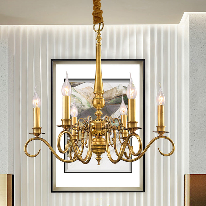 Gold Scrolled Arm Hanging Chandelier Colonial Metal 6 Lights Restaurant Ceiling Pendant Clearhalo 'Ceiling Lights' 'Chandeliers' Lighting' options 284951