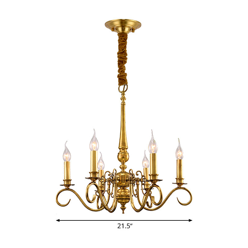 Gold Scrolled Arm Hanging Chandelier Colonial Metal 6 Lights Restaurant Ceiling Pendant Clearhalo 'Ceiling Lights' 'Chandeliers' Lighting' options 284954