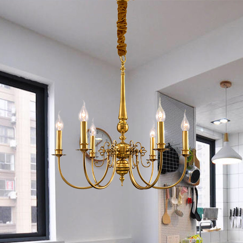 Metal Arched Arm Chandelier Light Fixture Colonialist 6 Lights Living Room Ceiling Pendant in Gold Clearhalo 'Ceiling Lights' 'Chandeliers' Lighting' options 284956