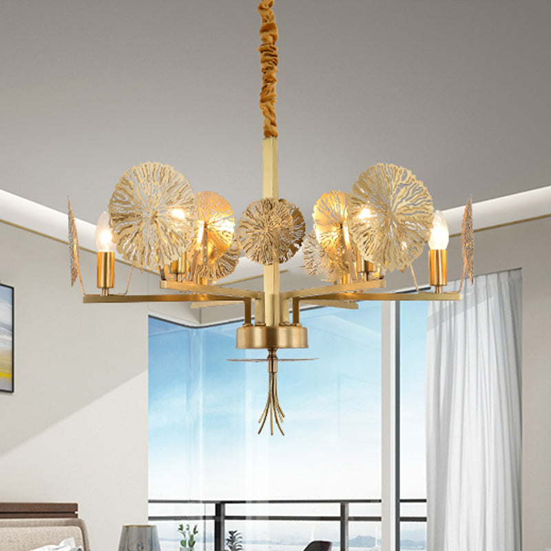 Colonial Lotus Pendant Ceiling Light 6/8 Heads Metal Chandelier Lighting Fixture in Gold for Living Room Clearhalo 'Ceiling Lights' 'Chandeliers' Lighting' options 285058