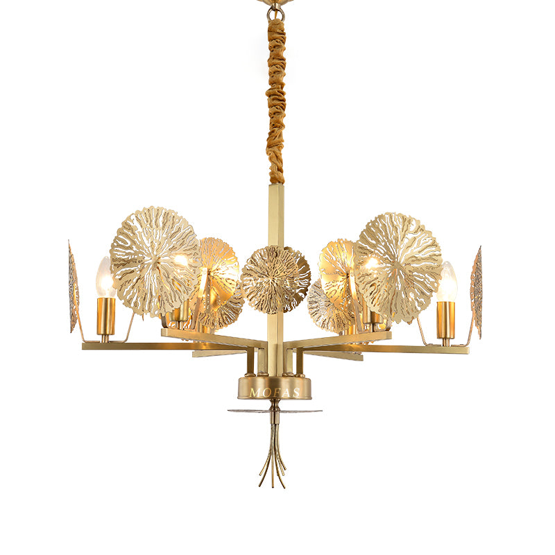 Colonial Lotus Pendant Ceiling Light 6/8 Heads Metal Chandelier Lighting Fixture in Gold for Living Room Clearhalo 'Ceiling Lights' 'Chandeliers' Lighting' options 285060