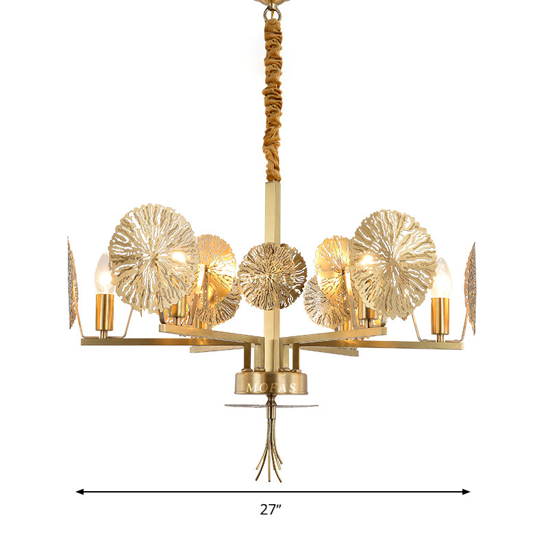 Colonial Lotus Pendant Ceiling Light 6/8 Heads Metal Chandelier Lighting Fixture in Gold for Living Room Clearhalo 'Ceiling Lights' 'Chandeliers' Lighting' options 285061