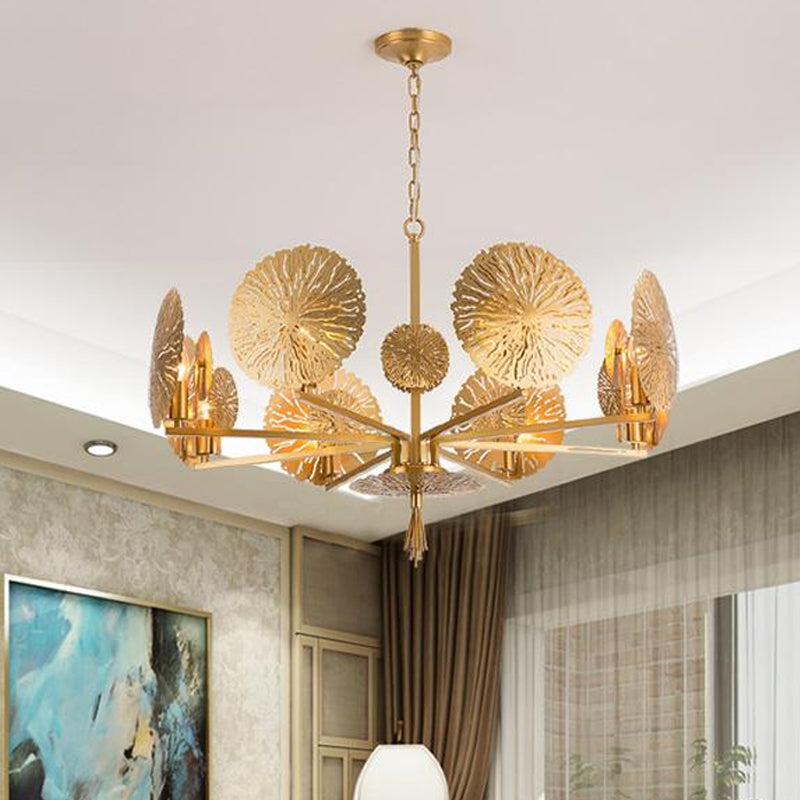 Colonial Lotus Pendant Ceiling Light 6/8 Heads Metal Chandelier Lighting Fixture in Gold for Living Room Clearhalo 'Ceiling Lights' 'Chandeliers' Lighting' options 285063