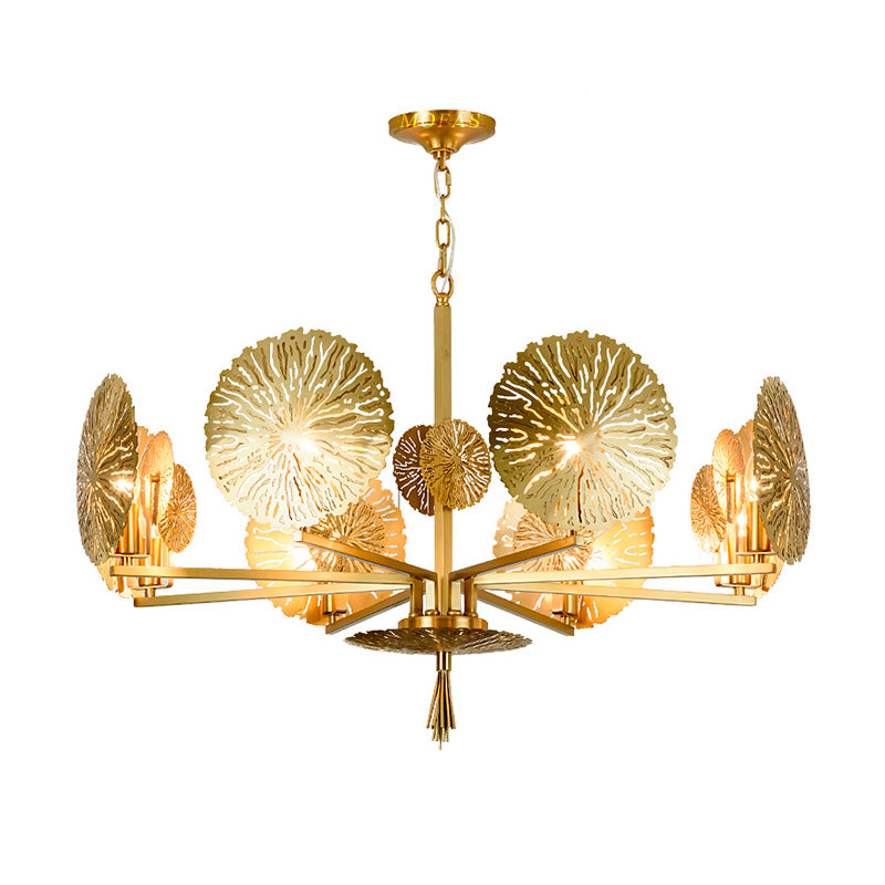 Colonial Lotus Pendant Ceiling Light 6/8 Heads Metal Chandelier Lighting Fixture in Gold for Living Room Clearhalo 'Ceiling Lights' 'Chandeliers' Lighting' options 285065