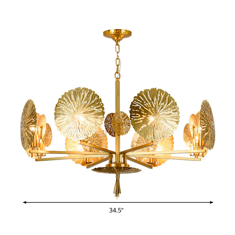 Colonial Lotus Pendant Ceiling Light 6/8 Heads Metal Chandelier Lighting Fixture in Gold for Living Room Clearhalo 'Ceiling Lights' 'Chandeliers' Lighting' options 285066