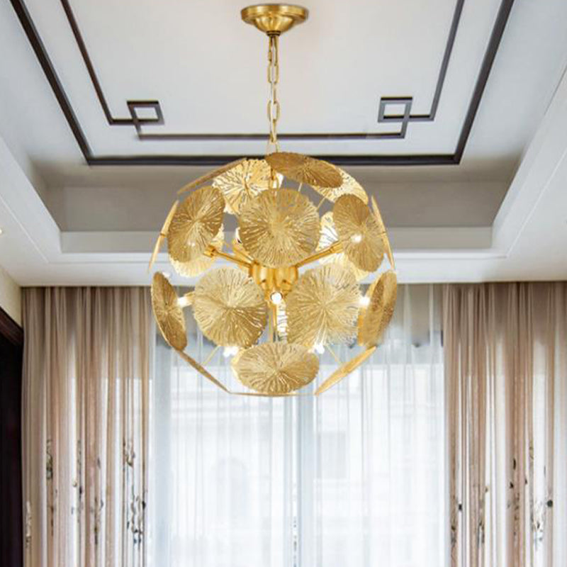 12/20 Bulbs Metal Chandelier Lamp Colonial Gold Spherical Living Room Hanging Ceiling Light Clearhalo 'Ceiling Lights' 'Chandeliers' Lighting' options 285072