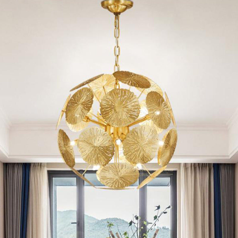 12/20 Bulbs Metal Chandelier Lamp Colonial Gold Spherical Living Room Hanging Ceiling Light Clearhalo 'Ceiling Lights' 'Chandeliers' Lighting' options 285073