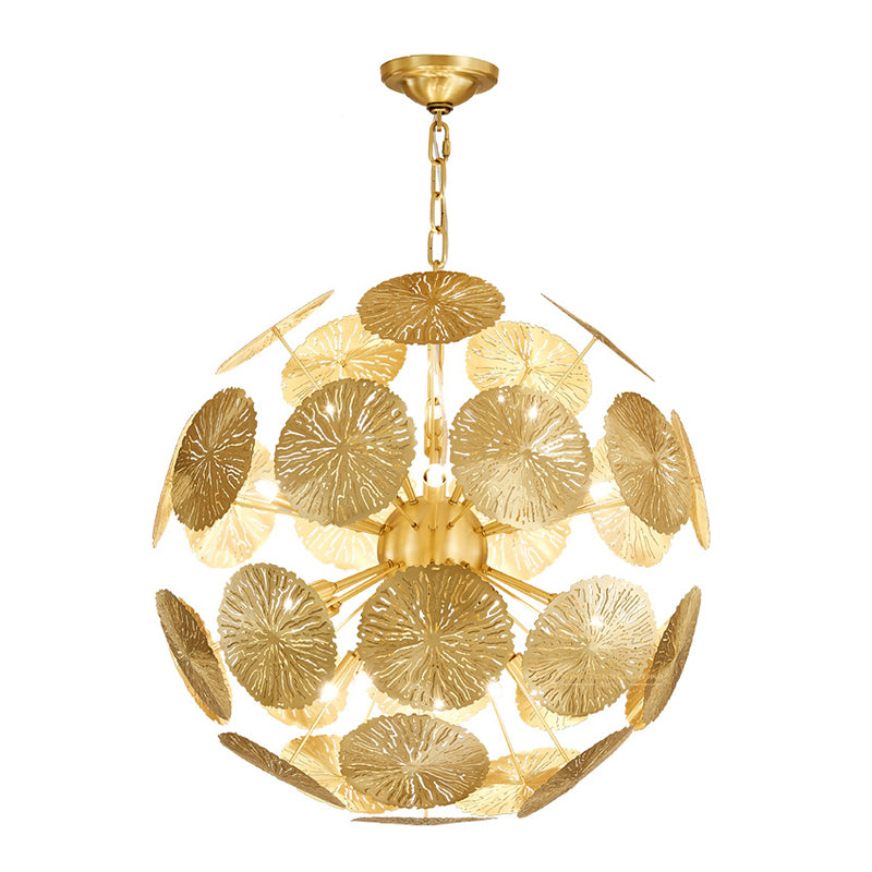 12/20 Bulbs Metal Chandelier Lamp Colonial Gold Spherical Living Room Hanging Ceiling Light Clearhalo 'Ceiling Lights' 'Chandeliers' Lighting' options 285075