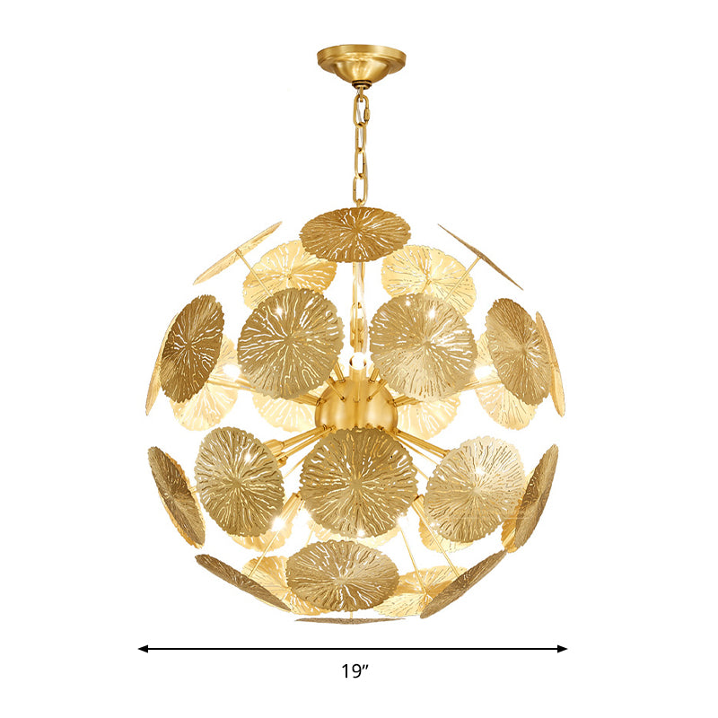 12/20 Bulbs Metal Chandelier Lamp Colonial Gold Spherical Living Room Hanging Ceiling Light Clearhalo 'Ceiling Lights' 'Chandeliers' Lighting' options 285076