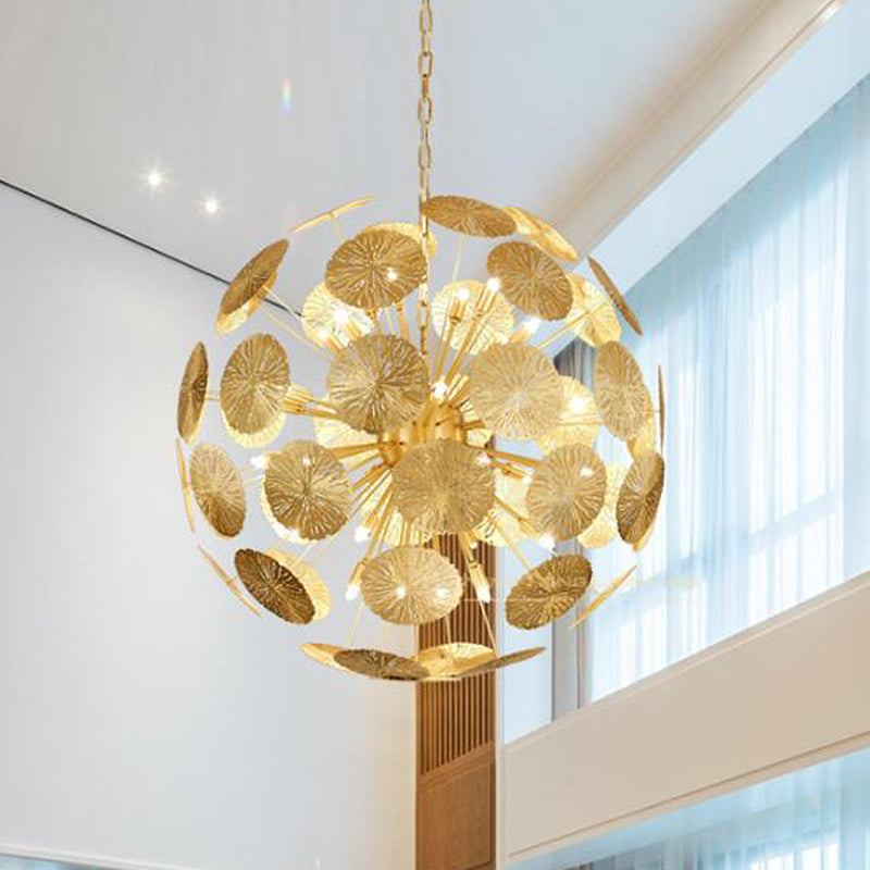 12/20 Bulbs Metal Chandelier Lamp Colonial Gold Spherical Living Room Hanging Ceiling Light Clearhalo 'Ceiling Lights' 'Chandeliers' Lighting' options 285077