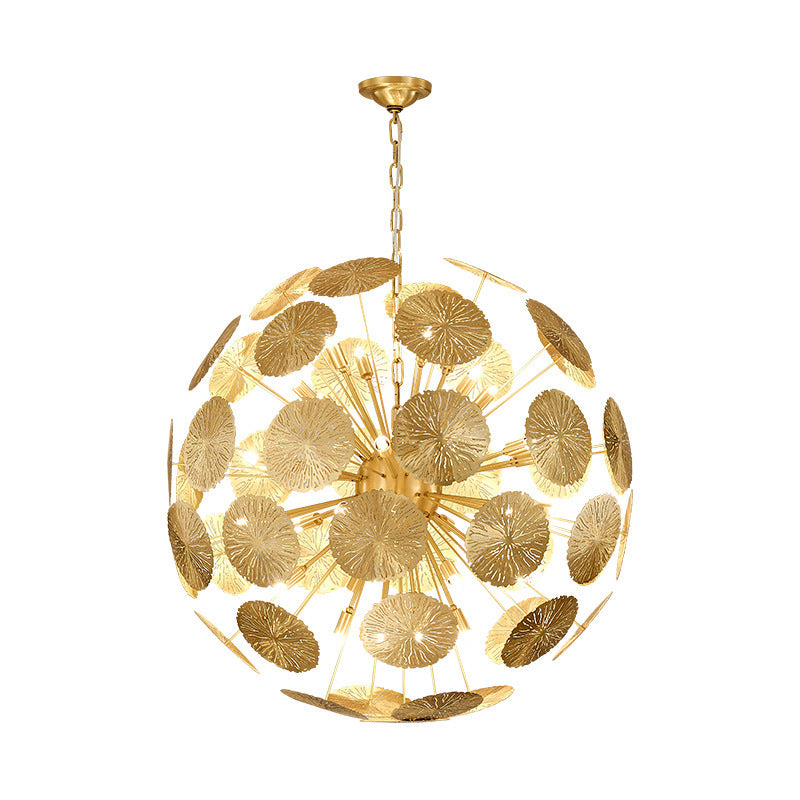 12/20 Bulbs Metal Chandelier Lamp Colonial Gold Spherical Living Room Hanging Ceiling Light Clearhalo 'Ceiling Lights' 'Chandeliers' Lighting' options 285079