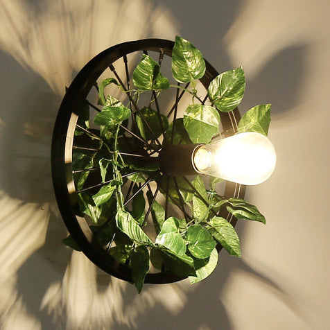 Black 1 Light Wall Mount Light Loft Industrial Metal Wheel Design Wall Lighting with Artificial Flower/Leaf Decoration, 12.5"/16.5" Dia Green 12.5" Clearhalo 'Wall Lamps & Sconces' 'Wall Lights' Lighting' 28508