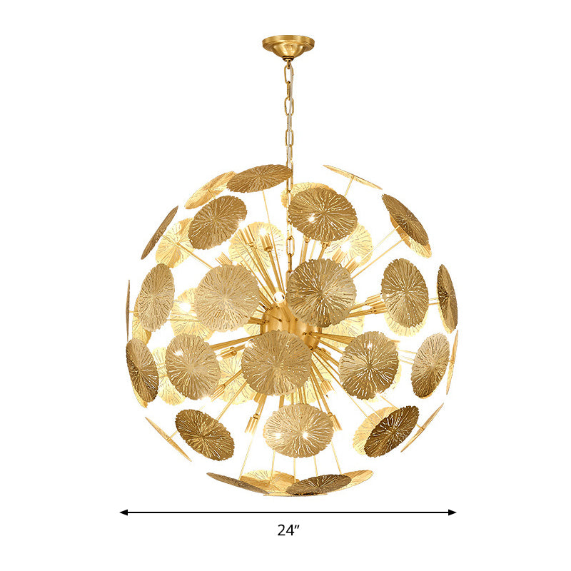 12/20 Bulbs Metal Chandelier Lamp Colonial Gold Spherical Living Room Hanging Ceiling Light Clearhalo 'Ceiling Lights' 'Chandeliers' Lighting' options 285080