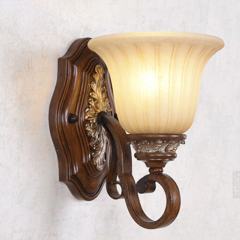 Bell Metal Wall Lighting Traditional 1 Light Dining Room Sconce Light Fixture in Brown with Opal Ribbed Glass Shade Clearhalo 'Wall Lamps & Sconces' 'Wall Lights' Lighting' 285103