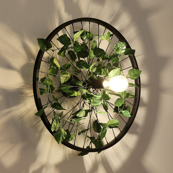 Black 1 Light Wall Mount Light Loft Industrial Metal Wheel Design Wall Lighting with Artificial Flower/Leaf Decoration, 12.5"/16.5" Dia Green 21.5" Clearhalo 'Wall Lamps & Sconces' 'Wall Lights' Lighting' 28511