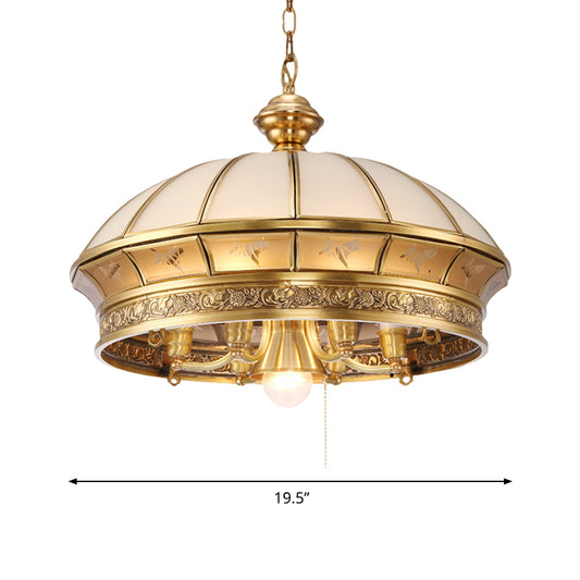 7 Lights Frosted Glass Chandelier Lighting Colonial Brass Domed Living Room Hanging Light Kit Clearhalo 'Ceiling Lights' 'Chandeliers' 'Glass shade' 'Glass' 'Pendant Lights' Lighting' 285225