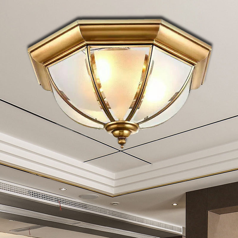 3 Lights Flushmount Colonialism Bowl Shade Frosted Glass Flush Ceiling Light in Brass Brass Clearhalo 'Ceiling Lights' 'Close To Ceiling Lights' 'Close to ceiling' 'Flush mount' Lighting' 285227