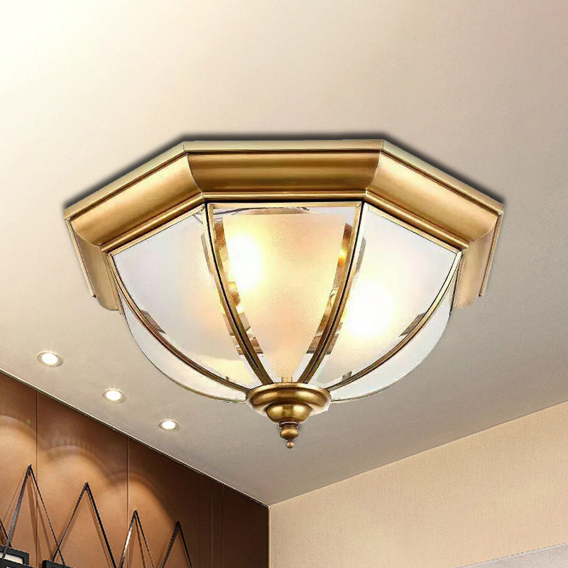 3 Lights Flushmount Colonialism Bowl Shade Frosted Glass Flush Ceiling Light in Brass Clearhalo 'Ceiling Lights' 'Close To Ceiling Lights' 'Close to ceiling' 'Flush mount' Lighting' 285228