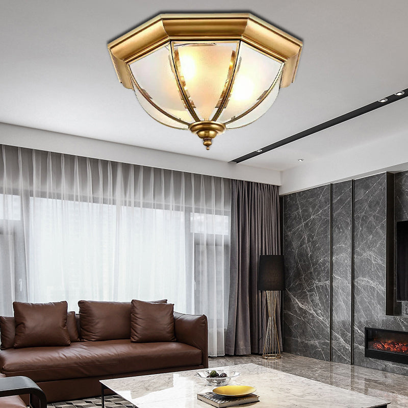 3 Lights Flushmount Colonialism Bowl Shade Frosted Glass Flush Ceiling Light in Brass Clearhalo 'Ceiling Lights' 'Close To Ceiling Lights' 'Close to ceiling' 'Flush mount' Lighting' 285229