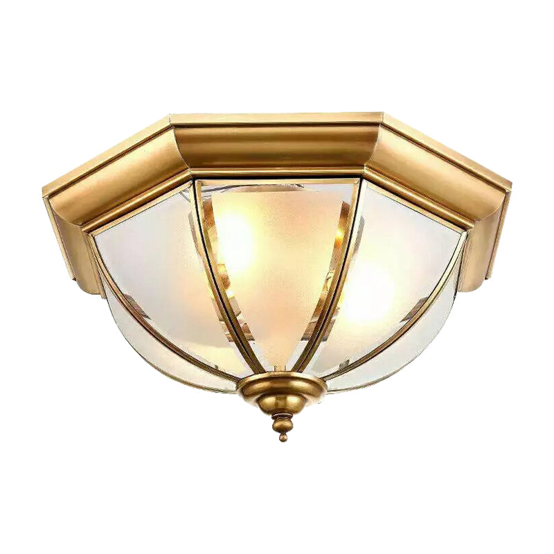 3 Lights Flushmount Colonialism Bowl Shade Frosted Glass Flush Ceiling Light in Brass Clearhalo 'Ceiling Lights' 'Close To Ceiling Lights' 'Close to ceiling' 'Flush mount' Lighting' 285230