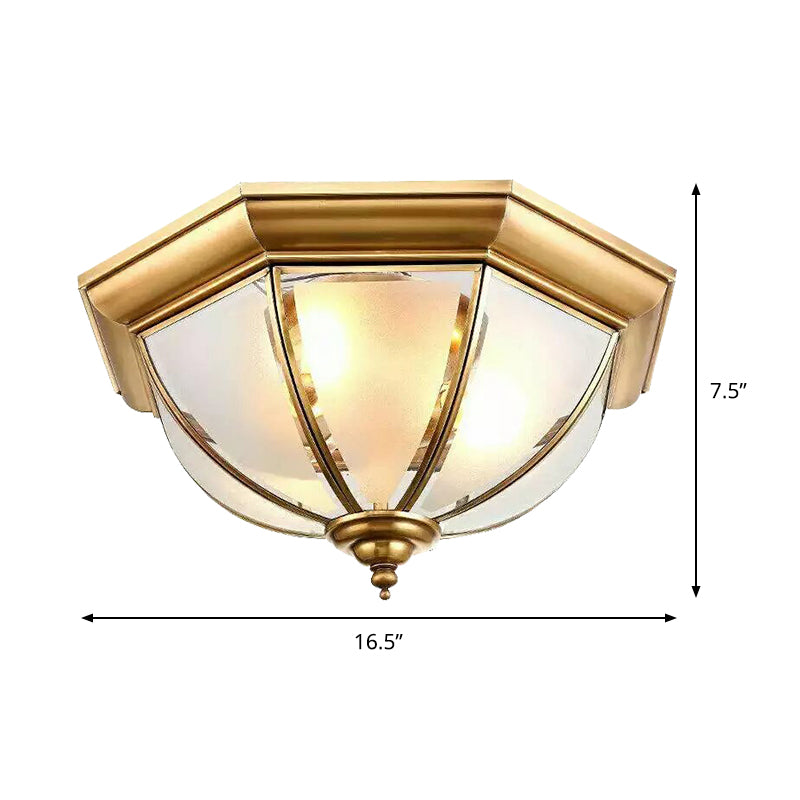 3 Lights Flushmount Colonialism Bowl Shade Frosted Glass Flush Ceiling Light in Brass Clearhalo 'Ceiling Lights' 'Close To Ceiling Lights' 'Close to ceiling' 'Flush mount' Lighting' 285231