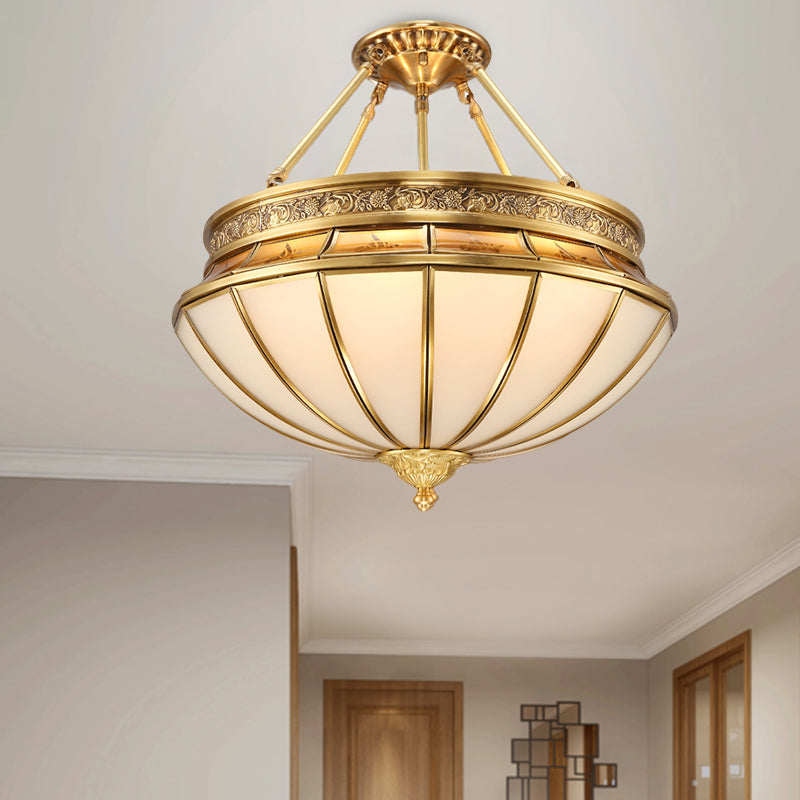 Inverted Living Room Semi Flush Mount Lighting Colonial Frosted Glass 4 Lights Brass Ceiling Light Brass Clearhalo 'Ceiling Lights' 'Close To Ceiling Lights' 'Close to ceiling' 'Glass shade' 'Glass' 'Semi-flushmount' Lighting' 285243