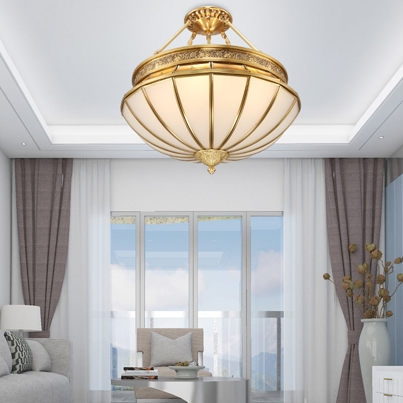 Inverted Living Room Semi Flush Mount Lighting Colonial Frosted Glass 4 Lights Brass Ceiling Light Clearhalo 'Ceiling Lights' 'Close To Ceiling Lights' 'Close to ceiling' 'Glass shade' 'Glass' 'Semi-flushmount' Lighting' 285245