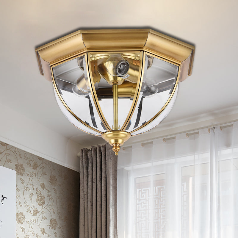 3 Lights Clear Glass Flush Mount Lighting Colonial Style Brass Domed Bedroom Flush Ceiling Light Clearhalo 'Ceiling Lights' 'Close To Ceiling Lights' 'Close to ceiling' 'Flush mount' Lighting' 285250