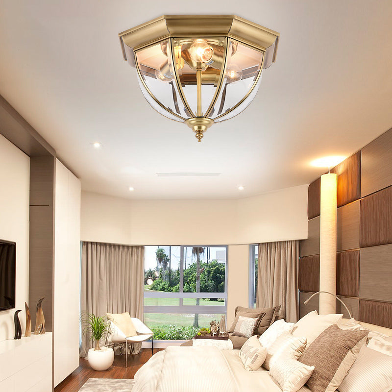 3 Lights Clear Glass Flush Mount Lighting Colonial Style Brass Domed Bedroom Flush Ceiling Light Clearhalo 'Ceiling Lights' 'Close To Ceiling Lights' 'Close to ceiling' 'Flush mount' Lighting' 285251