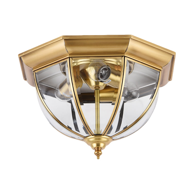 3 Lights Clear Glass Flush Mount Lighting Colonial Style Brass Domed Bedroom Flush Ceiling Light Clearhalo 'Ceiling Lights' 'Close To Ceiling Lights' 'Close to ceiling' 'Flush mount' Lighting' 285252