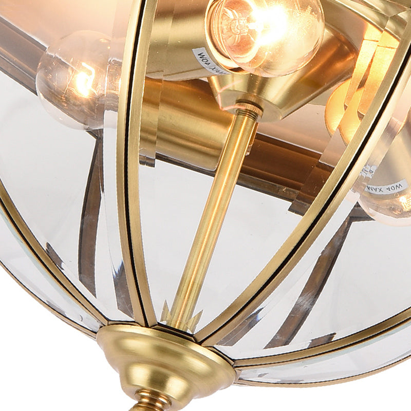 3 Lights Clear Glass Flush Mount Lighting Colonial Style Brass Domed Bedroom Flush Ceiling Light Clearhalo 'Ceiling Lights' 'Close To Ceiling Lights' 'Close to ceiling' 'Flush mount' Lighting' 285254