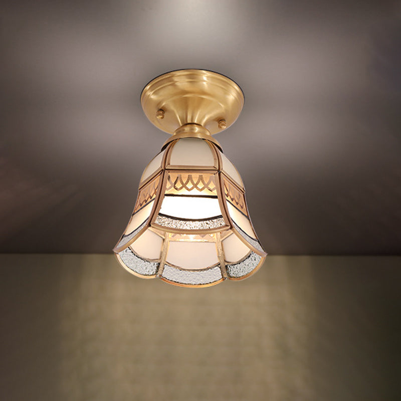 5"/6.5” Wide 1 Light Frosted Glass Flush Light Colonial Style Brass Tapered Living Room Ceiling Flush Mount Brass Clearhalo 'Ceiling Lights' 'Close To Ceiling Lights' 'Close to ceiling' 'Flush mount' Lighting' 285255