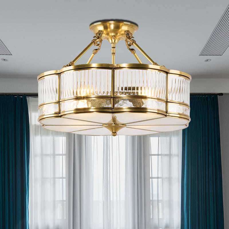 Frosted Glass Flower Semi Flush Mount Light Colonial 3 Lights Corridor Ceiling Fixture with Metal Frame in Brass Brass Clearhalo 'Ceiling Lights' 'Close To Ceiling Lights' 'Close to ceiling' 'Semi-flushmount' Lighting' 285261