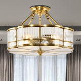 Frosted Glass Flower Semi Flush Mount Light Colonial 3 Lights Corridor Ceiling Fixture with Metal Frame in Brass Clearhalo 'Ceiling Lights' 'Close To Ceiling Lights' 'Close to ceiling' 'Semi-flushmount' Lighting' 285262